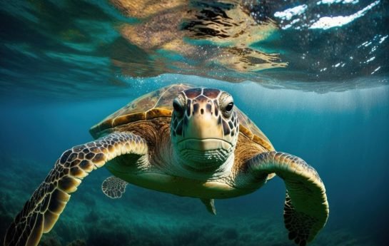 Underwater shot of sea green turtle. Generative AI.